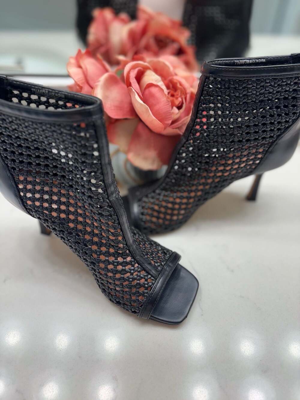Vince Camuto Black Woven Peep Toe Stiletto Heeled Ankle Booties